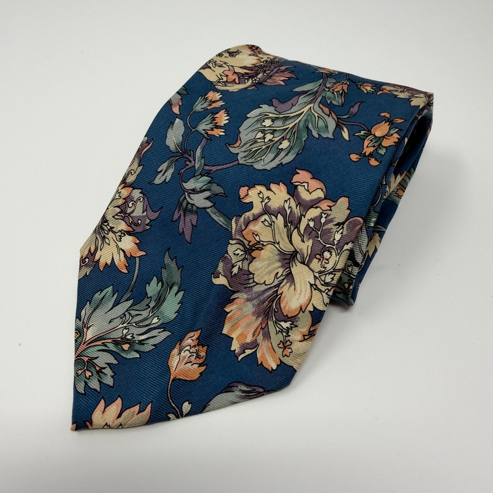 Hugo Boss Mens 55x3.75" Silk Tie Blue Gold Floral Art Nouveau Italy Made Necktie